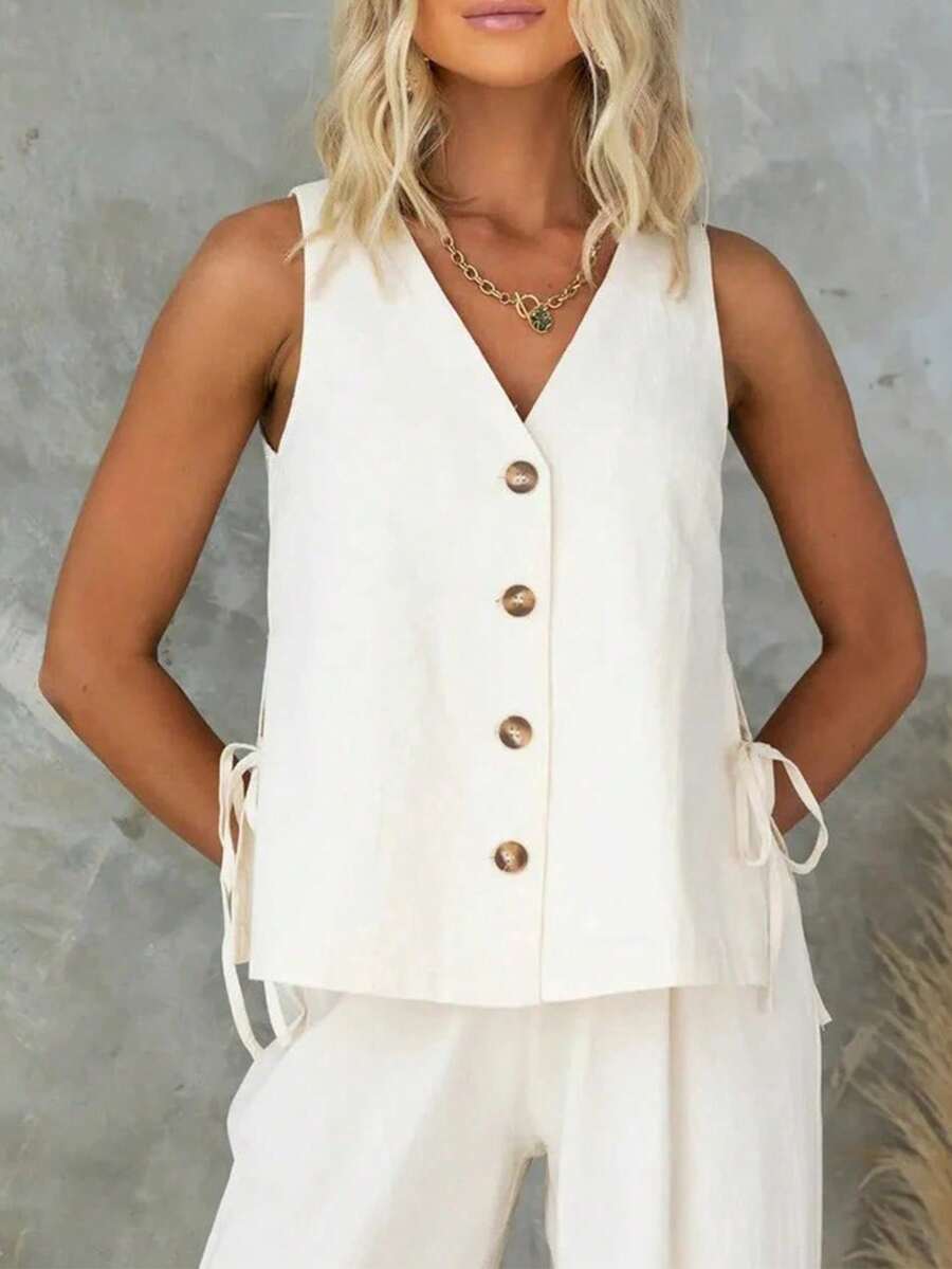 Plus Size Women V-Neck Sleeveless Button Decoration Tank Top - Beige - View 1