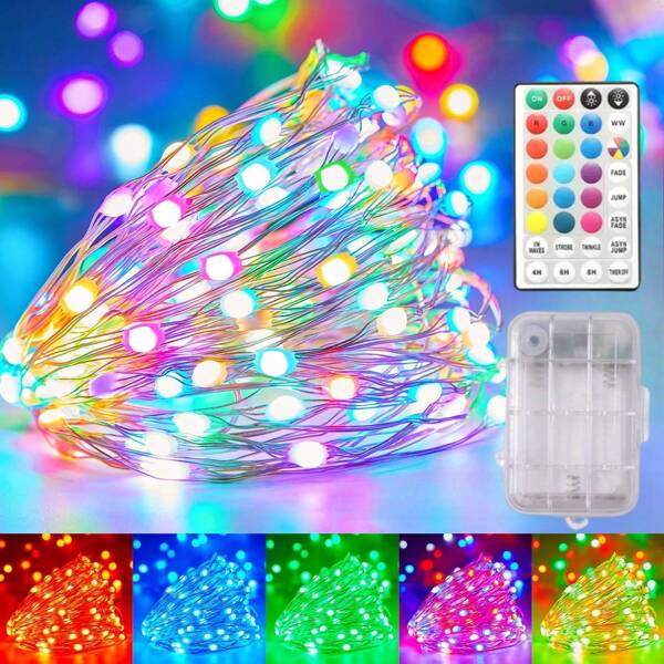 16 Colors RGB Battery Operated Copper Wire Lights, 16.4FT/32.8FT, Dual-Color Lights, Battery Powered, Halloween, Christmas Tree, Fairy Lights, Suitable For Indoor/Outdoor Holiday Decor, Mood Lighting | Colored Lighting | Remote Control Lighting