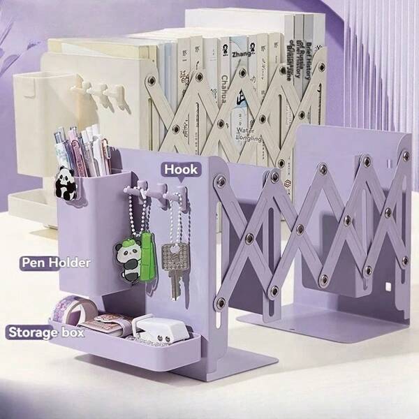 1pc A Set Of Sturdy And Versatile Retractable Bookends With Pen Holder Hooks And Storage Boxes, Foldable Space-Saving Desktop Storage Racks, Durable Metal Book Storage Racks With Thick Dividers, Suitable For School, Office, Home Desktop Organization, Ideal Student Gifts