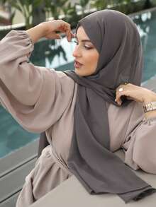 2pcs/Set Women's Scarf And Headcover Combo, Versatile Base Hijab, Matching Abaya, Elastic Beanie Cap & Chiffon Scarf Set, Casual Outfit - Dark Grey - View 3