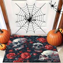1 pieza Felpudo de entrada/baño/cocina/lavandería con estampado de esqueleto de Halloween y flores, de base de TPR y apariencia de lana sintética, para decorar el ambiente festivo, el hogar, fiestas, bodas y comedores