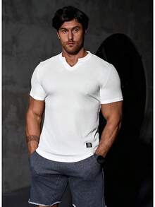 Mens Muscle Slim T Shirt V-Neck Longline Henley Shirt Gym Workout Athletic Tee Shirts