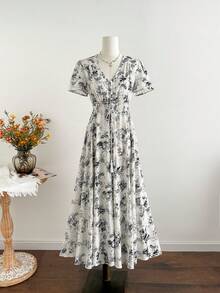 Rusttydustty 网络星期一 圣诞节 万圣节 新年 派对 女士碎花V领收腰休闲长裙 波西米亚风 复活节 海滩装扮 夏威夷 音乐节 热带假期 - 黑與白 - 查看 3