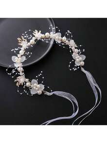 1pc Bridal Hairband, Faux Pearl Flower Bun Headband With Crystal Decor Wedding Hair Accessory Royal Tiaras Valentine's Day Accessories - White - View 2