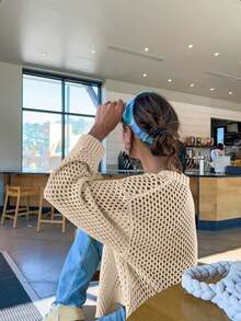 Women's Vacation Hollow Out Button Crochet Knit Top Cardigan With Round Neck Long Sleeves Drop Shoulder, Lightweight Open Front Loose Fit Casual, Spring Summer Fall - 卡其色 - 查看 2