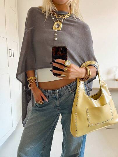 Spring Summer New Women Asymmetrical Ponchos Solid Color Y2K Shawl Batwing Sleeve Knit Crop Top Vacation Beach Lightweight Cape Sweater Sheer Pullover Summer Fall Going Out Outfits Clothes Back To School Homecoming