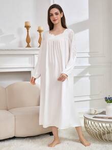 Women's Spring/Autumn Nightgown, Sleepwear Dress With Long Sleeves, Also Suitable For Outdoor Wear, Fall, Winter - White - View 1