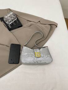 Bolso de hombro cruzado con capacidad grande estilo francés 2025 con diseño de parches de patrón de piel de serpiente - Plateado - Ver 6