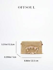 海星风格海滩信封包，带有花朵、星星、贝壳编织设计，海洋主题手拿包，配有链条肩带，适合女士斜挎单肩包 - 米色 - 查看 7