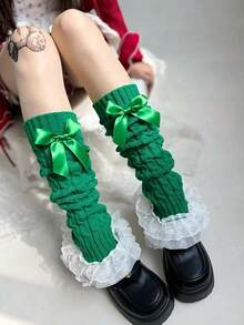 Bow & Lace Leg Warmers - Y2K Sweet Lolita Style, Knee High Socks - 891 Green - View 3