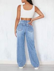 Damskie jeansy casualowe z prostymi nogawkami i kieszeniami, w stylu retro, z wysokim stanem, ukośnymi kieszeniami i rozcięciem. Te jeansy damskie to nowy, letni styl, idealny do eleganckich stylizacji, idealny na Walentynki i Sylwestra. Wiosenne wakacje. - Niebieski - Zobacz 2