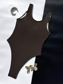 Women's Elegant Brown Beach Style Spaghetti Strap One-Piece Swimsuit