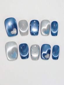 10pcs Handmade Press-On Nails, Short Square Shape, Blue Color, Y2K Style, Sweet & Fresh, Solid Color, Heart Pattern, Suitable For Women & Girls, Spring/Summer Holidays & Daily Wear Handmade Press On Nails - Blue - View 2