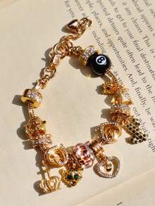 1 件黑色 8 球豹饰手链、1 件仙人掌饰手链、1 件皇冠心形 DIY 手链、1 件复古龙可调节手链、生日纪念礼物手链 - 黑色 - 查看 5