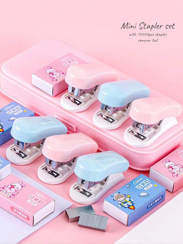 1 Set Macaron Color Mini Staplers, Include 1000pcs Staples And Remover Tail, Labor-Saving Lightweight Metal Bound Binding Tools, For Office School , Back To School Gifts