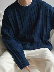 White Yue 男士时尚休闲加厚扭绳纽扣落肩圆领毛衣，适合通勤、秋冬新款、圣诞节、新年穿着，长袖上衣