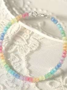 1pc Handmade Rainbow Beaded Bracelet With Cat Eye Stone Accents, Cute Design For Girls (Actual Size May Vary)