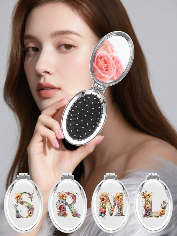1pc Silver Plated Folding Mirror Comb With 26 Letters & Floral Design, Essential Accessory For Halloween, Christmas, New Year Parties And Daily Use