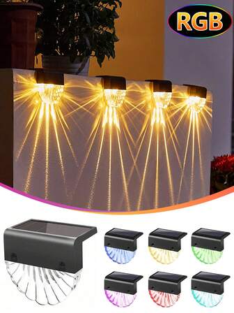 多件装太阳能户外壁灯，彩色和暖白双模式 LED 防水楼梯灯，智能光感应，适用于庭院、门廊、花园、车道，无线，节能，装饰