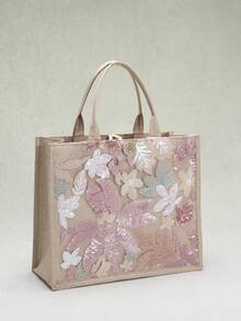 1 Túi vải lanh chắp vá nhiều màu sắc, họa tiết thêu hoa lá thời trang, dung tích lớn, túi xách vuông thường ngày, túi đi biển/mua sắm (Họa tiết hoa được phân phối ngẫu nhiên) - Hồng - Xem 4