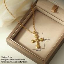 1pc Elegant Crystal Cross Pendant Necklace, Unisex - Stainless Steel, Gold Chain, Inlaid With Black, Transparent And Pink Gems, Versatile Jewelry Gift For Men And Women, Suitable For Casual Or Formal Occasions | Graceful Necklace | Cross Necklace