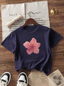 Girls & Teens Students' Casual Navy Printed Round Neck Short Sleeve T-Shirt Top, Summer