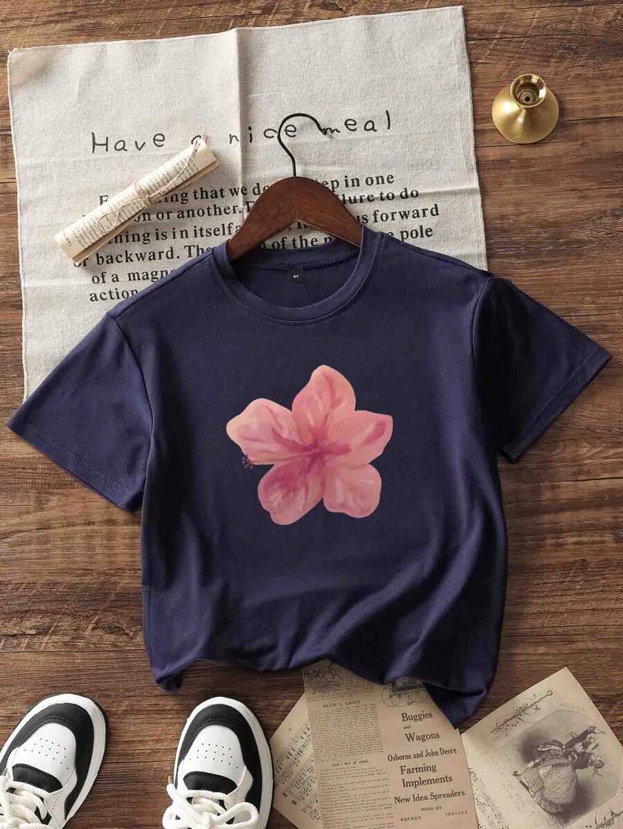 Girls & Teens Students' Casual Navy Printed Round Neck Short Sleeve T-Shirt Top, Summer