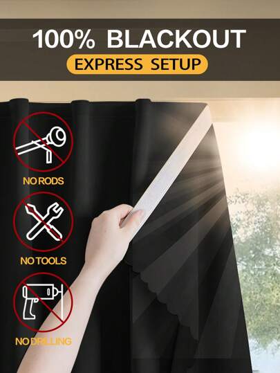 1pc, 100% Blackout Curtain, Easy Installation Self-Adhesive Blackout Curtain, No Drilling Needed, Simple And Easy To Install, Self-Adhesive Portable Curtain, Sunblock, Heat Insulation, Darkening, Suitable For Windows, Doors, Bedroom, Living Room, Basement, Kitchen, Small Windows, Summer Use