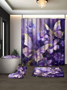 1/4-teiliges Set - Lila Schmetterling Duschvorhang Set, moderne Bauernhaus Blumen Schmetterling Gold Folie botanische Kunst Wasserabweisender Duschvorhang mit 12 Haken, rutschfester Badteppich, Toilette U-förmiger Deckel, perfektes Einweihungsgeschenk für Freunde und Familie