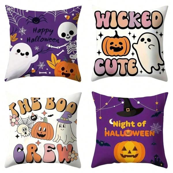 4pcs Halloween Pillow Covers, Purple Pumpkin, Ghost, Spider Web, Skull Cartoon Style, 18-Inch Square Washable Cushion Covers, Suitable For Home Bedroom Living Room Decor (No Pillow Insert)