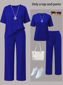 女士休闲纯色圆领短袖上衣搭配松紧腰带口袋阔腿直筒裤两件套，轻薄不透涤纶面料，适合春夏秋季穿着。