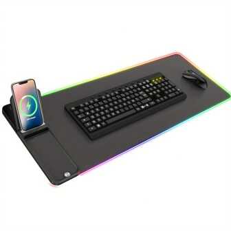 Kabellose Ladematte für Maus, unterstützt 15W kabelloses Laden, RGB Gaming Mauspad mit 6 Beleuchtungsmodi LED Licht, geeignet für Zuhause, Büro und Gaming Tisch Dekoration