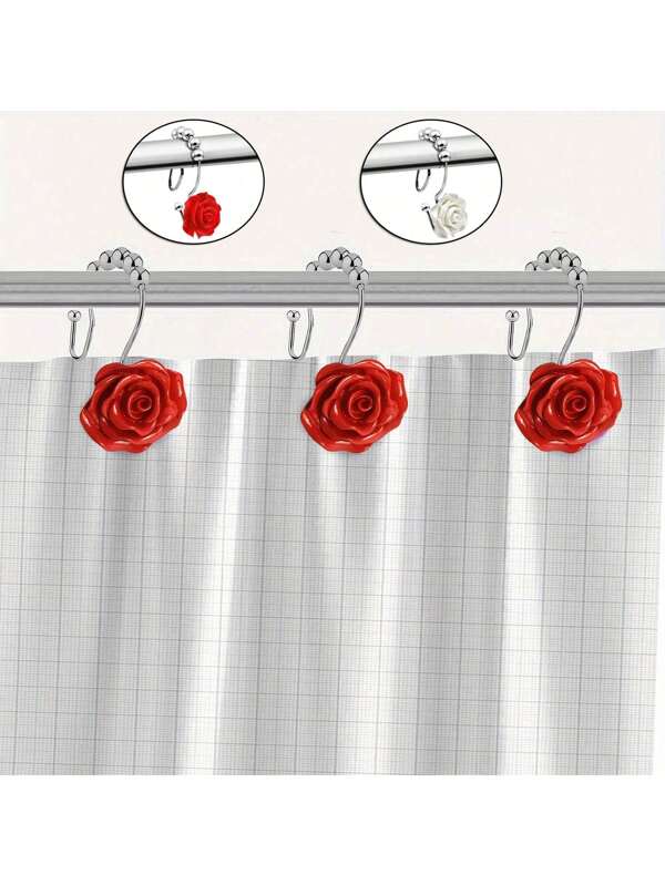 12Pcs Rose Decor Resin Shower Curtain Hooks, Stainless Steel Double Hooks For Curtain, Bathroom Shower Curtain Hooks, Home Decor