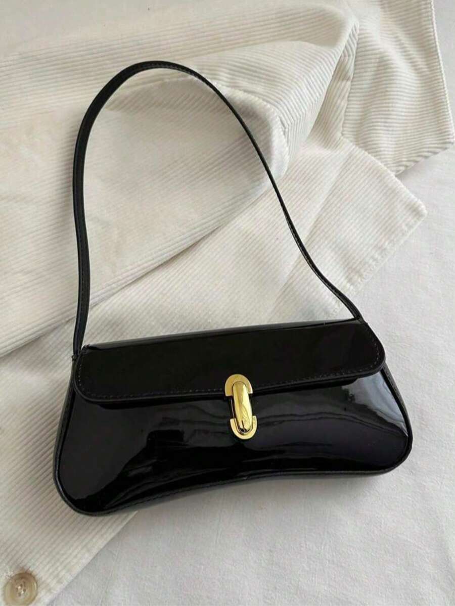 女士复古仿皮翻盖装饰腋下单肩包,适合约会、外出、聚会等场合 - 黑色 - 查看 1