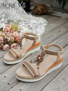 WRCVS 女士米色系带凉鞋，夏季坡跟厚底草绳鞋底别致度假凉鞋，手工串珠编织图案随机波西米亚风格厚底坡跟户外凉鞋