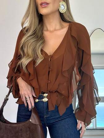 Women's Elegant V-Neck Ruffle Trim Asymmetrical Button Up Casual Chiffon Blouse, Long Sleeve