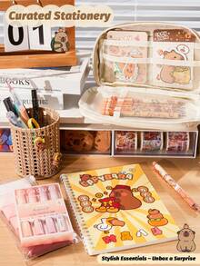 1 Set Of Capybara Stationery Set, 14 Inch Suitcase, Storage Box, Pencil Case, Brown Pencil Case, Cute Notebook Set, Highlighter Stickers Note, Erasable Blue Pen Correction, With Pen Holder, Brooch Set, Gift Stationery, Back To School Gifts - Multicolor - View 4