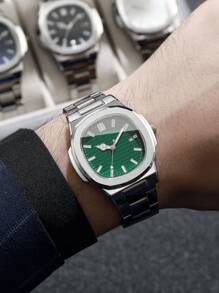 1pc Men's Fashion Simple Square Dial Calendar Business Quartz Watch With Steel Strap, Casual (Does Not Include Watch Box)