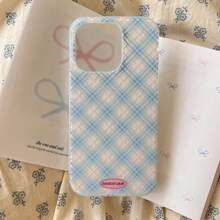 Funda de teléfono con diseño de tartán azul de doble capa con brillo y patrón de argyle, compatible con iPhone 16 Pro Max / iPhone 15 Pro Max / iPhone 14 Pro / iPhone 13, estilo coreano, de moda, minimalista, artístico