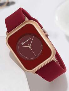 1 pieza Reloj de mujer elegante con esfera rectangular y cuarzo simple, con correa de silicona, adecuado para deportes y uso diario, color rojo - Rojo - Ver 2
