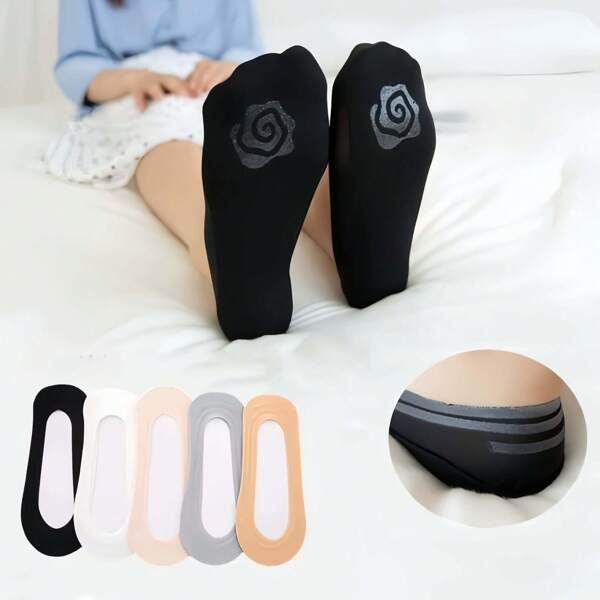 5 pares de meias femininas de seda gelada, finas, boca rasa, invisíveis, de silicone, antiderrapantes e com fundo, para o verão