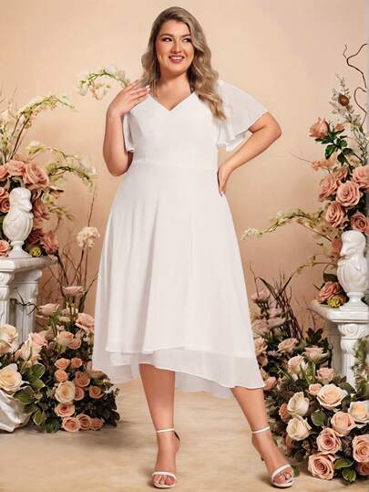 Plus Elegancka Szyfonowa Dekolt w Serek Falbany Rękawy Midi Prosta Formalna Suknia Biała Suknia Ślubna