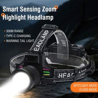 Powerful LED Zoomable Headlamp Waterproof Motion Sensor Head Light Type -C Rechargeable Outdoor Fishing Camping Light Can Sense Multiple Light Sources, Select Lamp Head With 90% Adjustment, Telescopic Zoom Band, Fluorescent Strip, Battery Compartment With Red Light Warning