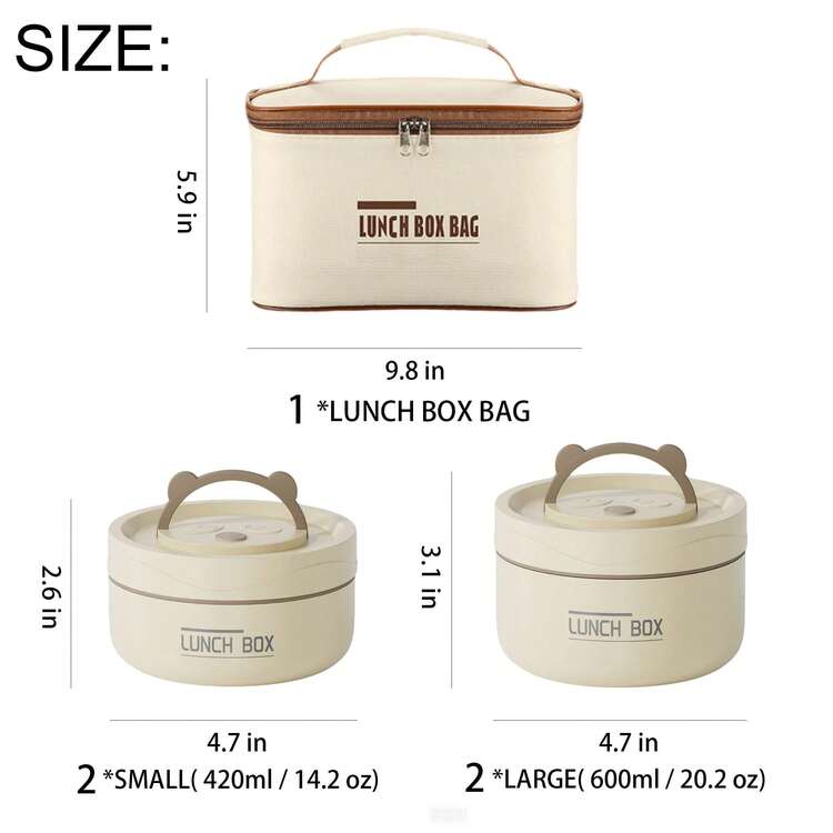 4Pcs Beige Stainless Steel Insulated Bento Box, Portable, Microwave , Stackable & Leakproof, With Insulated Bag - Bộ 4 món màu trắng - Xem 2