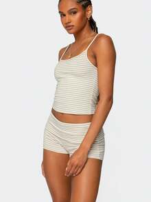 Women 2-Piece Summer Outfits Striped Print Crop Camisole And Folded Waist Shorts For Club Streetwear Fashion Clothes - Yellow - View 4