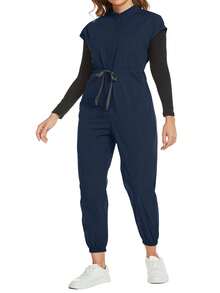 Cimmuovere Mono de talla grande con manga corta, cintura con lazo, plisado, cremallera y cuello alto para primavera - Azul Marino - Ver 7