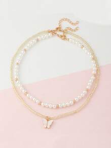 Set de 2 collares con colgante de perla y mariposa elegantes para niñas, accesorios de joyería de moda adecuados como regalo para fiestas