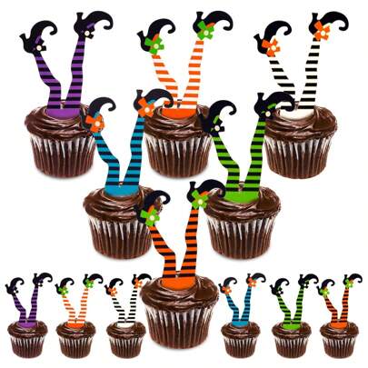 12/24Pcs Colorful Witch Boot Cupcake Toppers For Halloween Party Fun Dessert Decorations For Birthdays And Cake Picks Random Styles