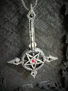 1 件优雅红水晶空心星十字吊坠项链，哥特金属银色项链适合派对、聚会、户外活动、表演服装 - 復古銀色 - 查看 2