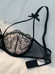 Set de 2 piezas de sujetador transparente con lazo bordado y ajustable, talla grande braga a juego, para uso en casa, de estilo clásico en color negro